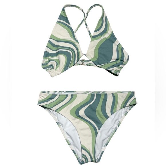 Shade & Shore Triangle Bikini Green Blue Cream Wavy Stripes Two Piece Swimsuit - Picture 1 of 4